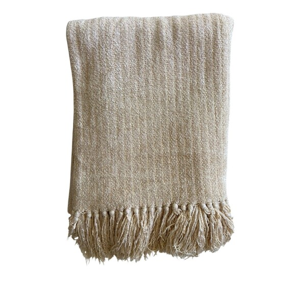 Restoration Hardware Chenille Fringe Throw Blanket Beige Luxury Minimalist Decor - Picture 1 of 10